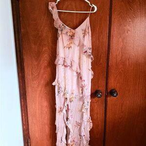 BHLDN Pink Floral Chiffon Maxi Dress